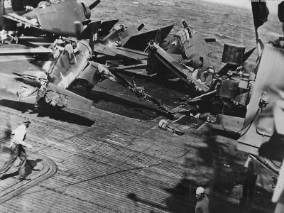 Crewmen on carrier knocked down by runaway Wildcat 1945 3