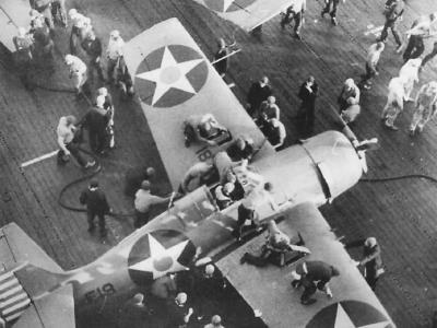 Deck crew refuel and rearm F4F-3 Wildcats 1 February 1942