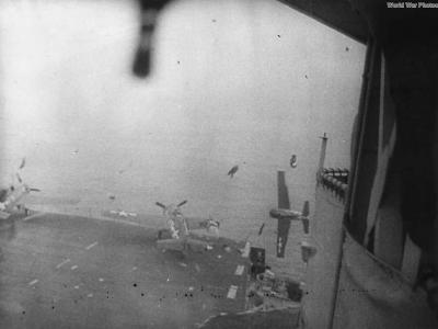 F4F goes off carrier deck after missing barrier