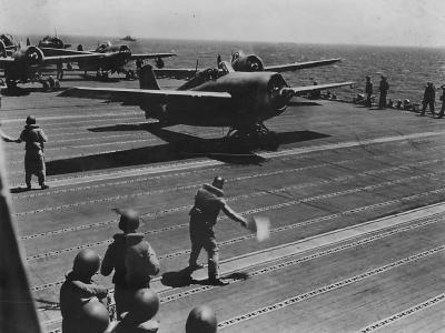 F4F of VF-71 takeoff from USS Wasp off Guadalcanal, 1942