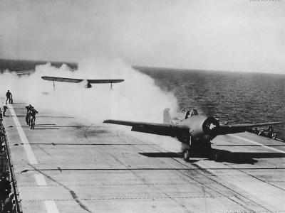 F4F taking off during first carrier takeoff using Jet Units 1943