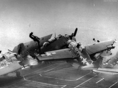 FM-2 Wildcat N27 crashing aboard USS Bismarck Sea 3