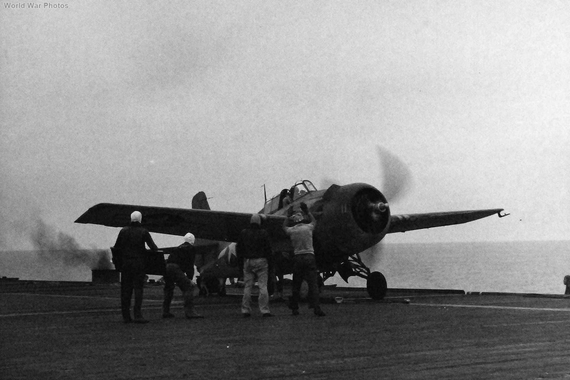 FM-2 preparing for launch on board USS Matanikau 27 July 1944