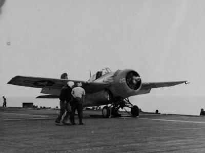 FM-2 preparing for launch on board USS Matanikau CVE-101 27 July 1944 2