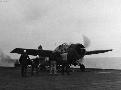 FM-2 preparing for launch on board USS Matanikau 27 July 1944