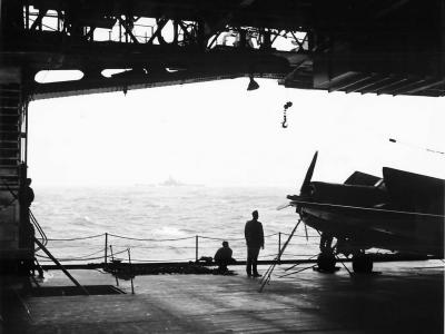 USS South Dakota viewed from hanger deck of carrier