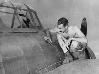 USMC Lt. Winfield and F4F damaged in combat Guadalcanal 1943