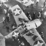 Deck crew refuel and rearm F4F-3 Wildcats 1 February 1942