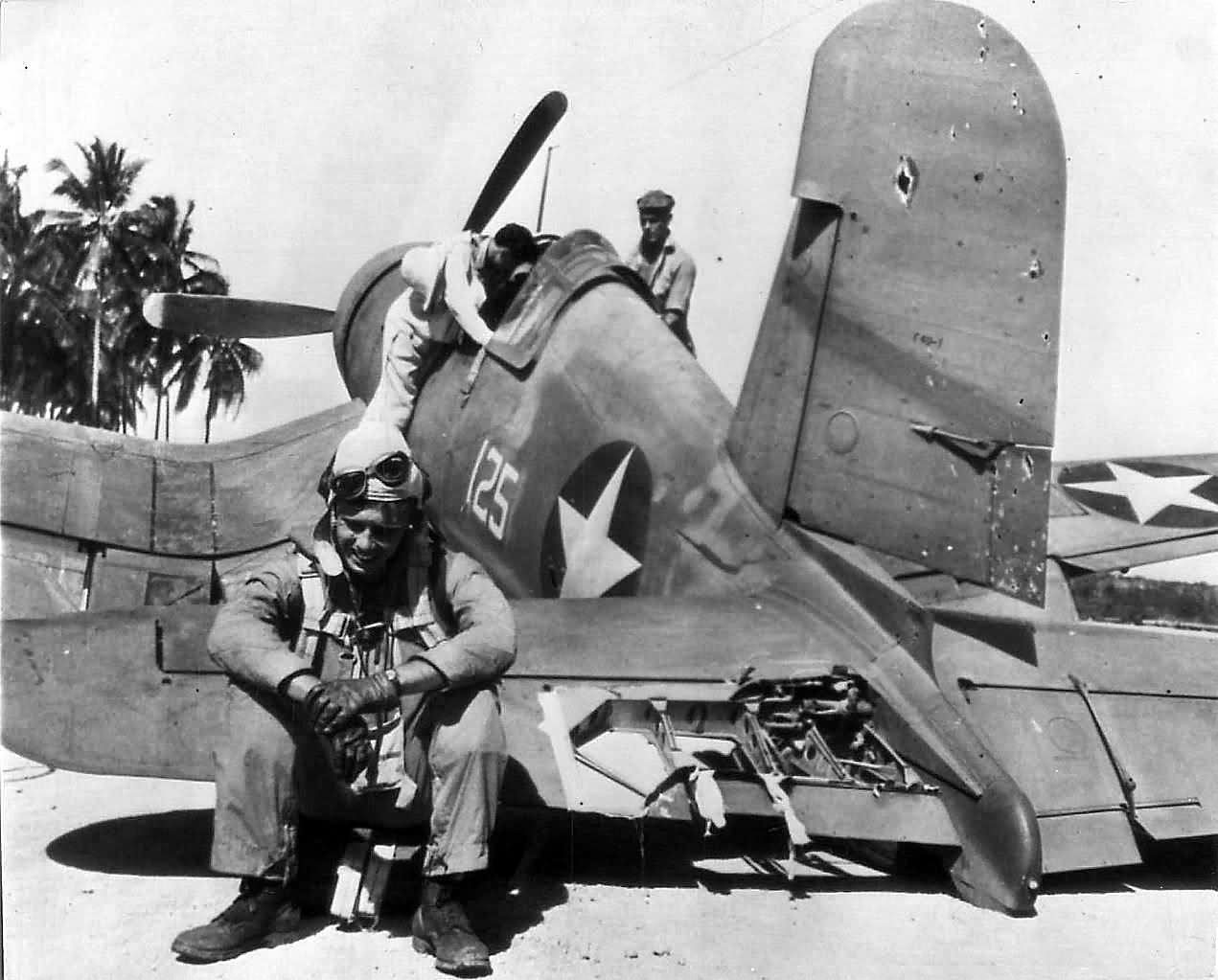 Ace Pilot Donald Burch of VMF-221 on his Damaged F4U-1 Corsair 125 (Bu No 02467) – Russell Islands 1943