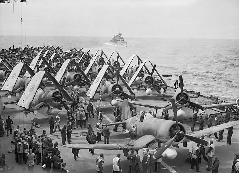 Corsairs and Barracuda torpedo bombers on the flight deck of HMS Formidable Norway