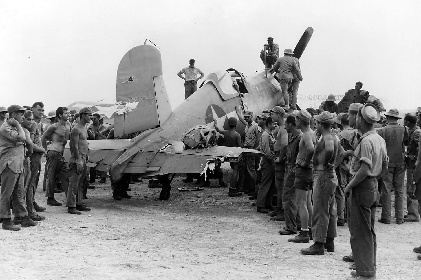 Damaged F4U-1A Corsair of VMF-216 – pilot Lt Marshall