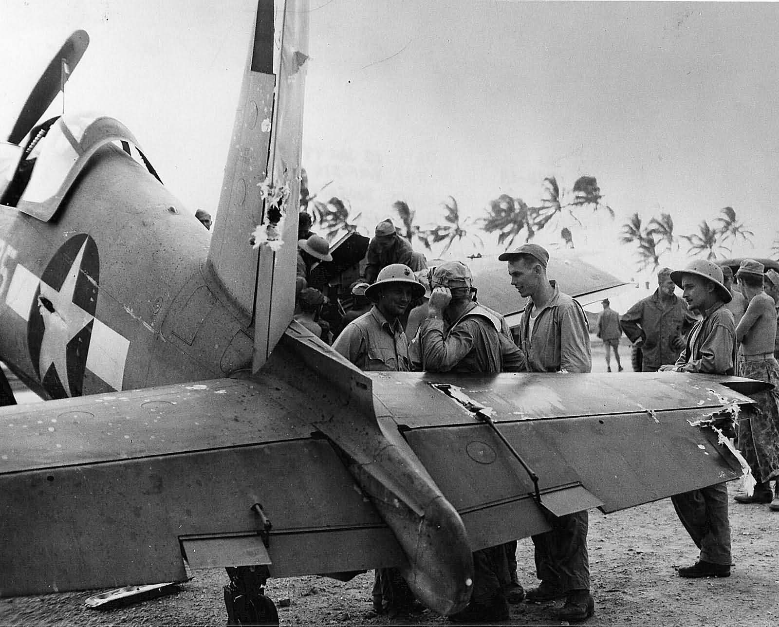 Damaged F4U of VMF-216 Torokina, Bougainville on January 12, 1944