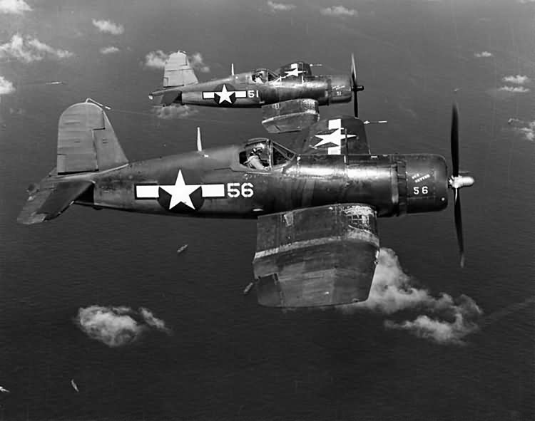 F4U-1A Corsairs #51 of VMF-113 in flight over Eniwetok Atoll on July 9, 1944