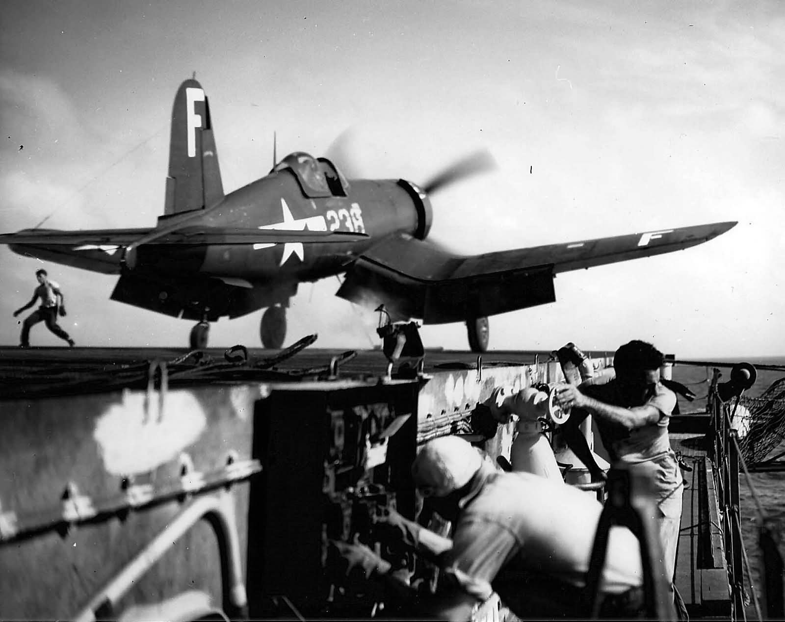 F4U-1D Corsair 238 of VBF-83 launches from the flight deck of USS Essex CV-9 – August 1945