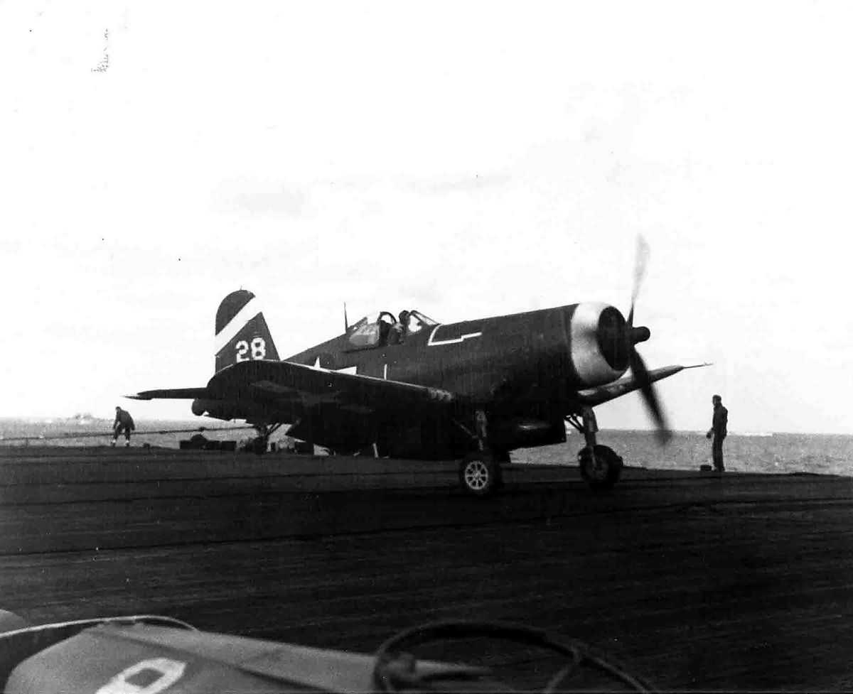 F4U-1D Corsair 28 of VBF-6 catching a wire USS Hancock CV-19 on March 21, 1945
