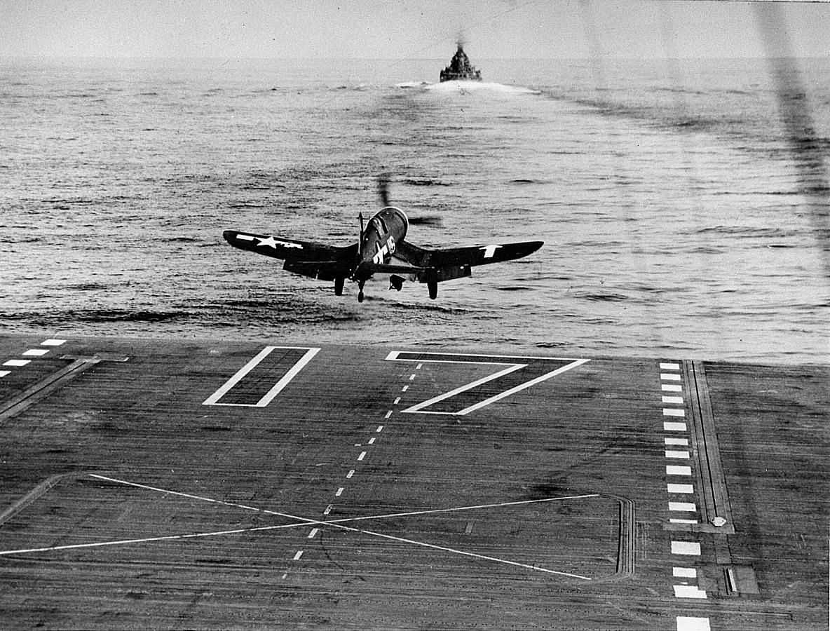 F4U-1D Corsair of VF-84 launches from the deck of the carrier USS Bunker Hill CV-17 – Iwo Jima February 19, 1945