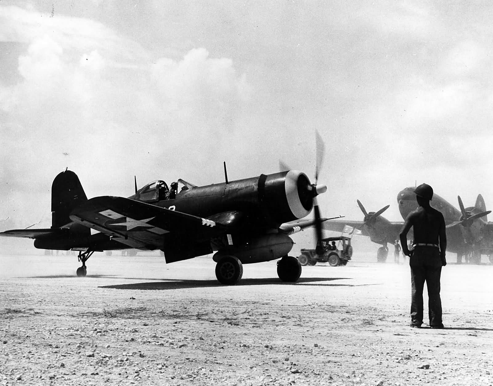 F4U-1D Corsair of VMF-114 taxis at Peleliu – September 1944