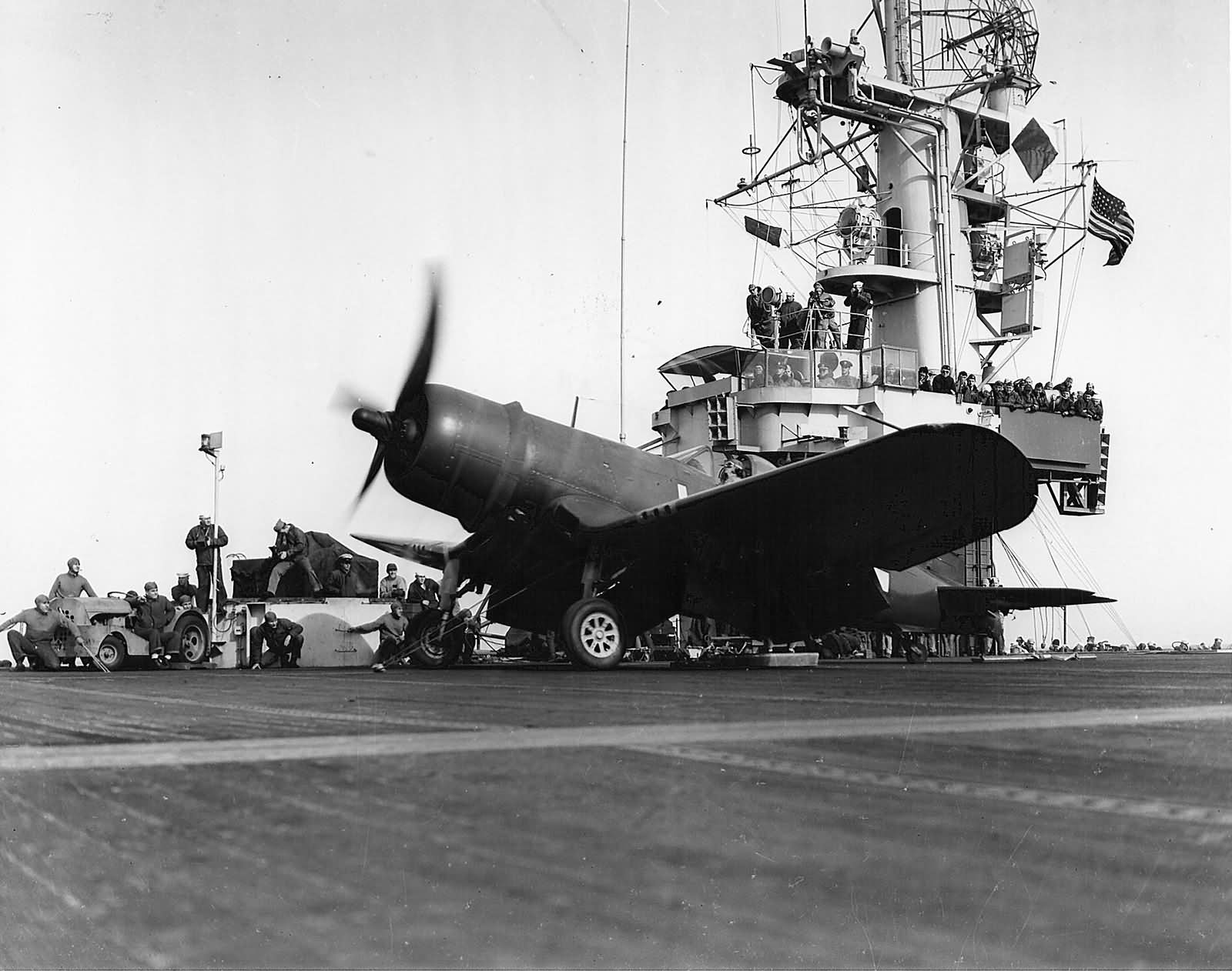 F4U-1D Corsair of VMF-511 launch from the escort carrier USS Block Island CVE-106 – February 5, 1945