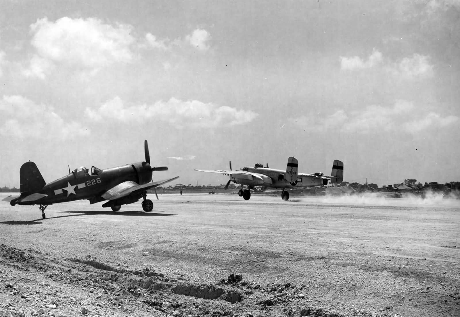 F4U-4 white 226 and B-25 on Iwo Jima