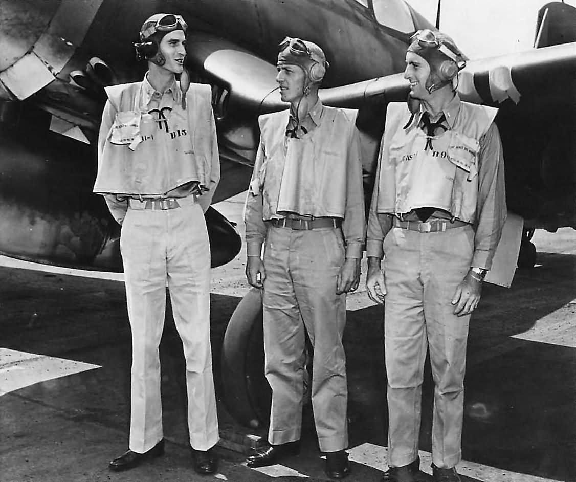 F4U Ace Pilots: Lt Cdr Roger Hedrick, Lt Cdr John Blackburn and Lt Ira Kepford of VF-17 Jolly Rogers 1944