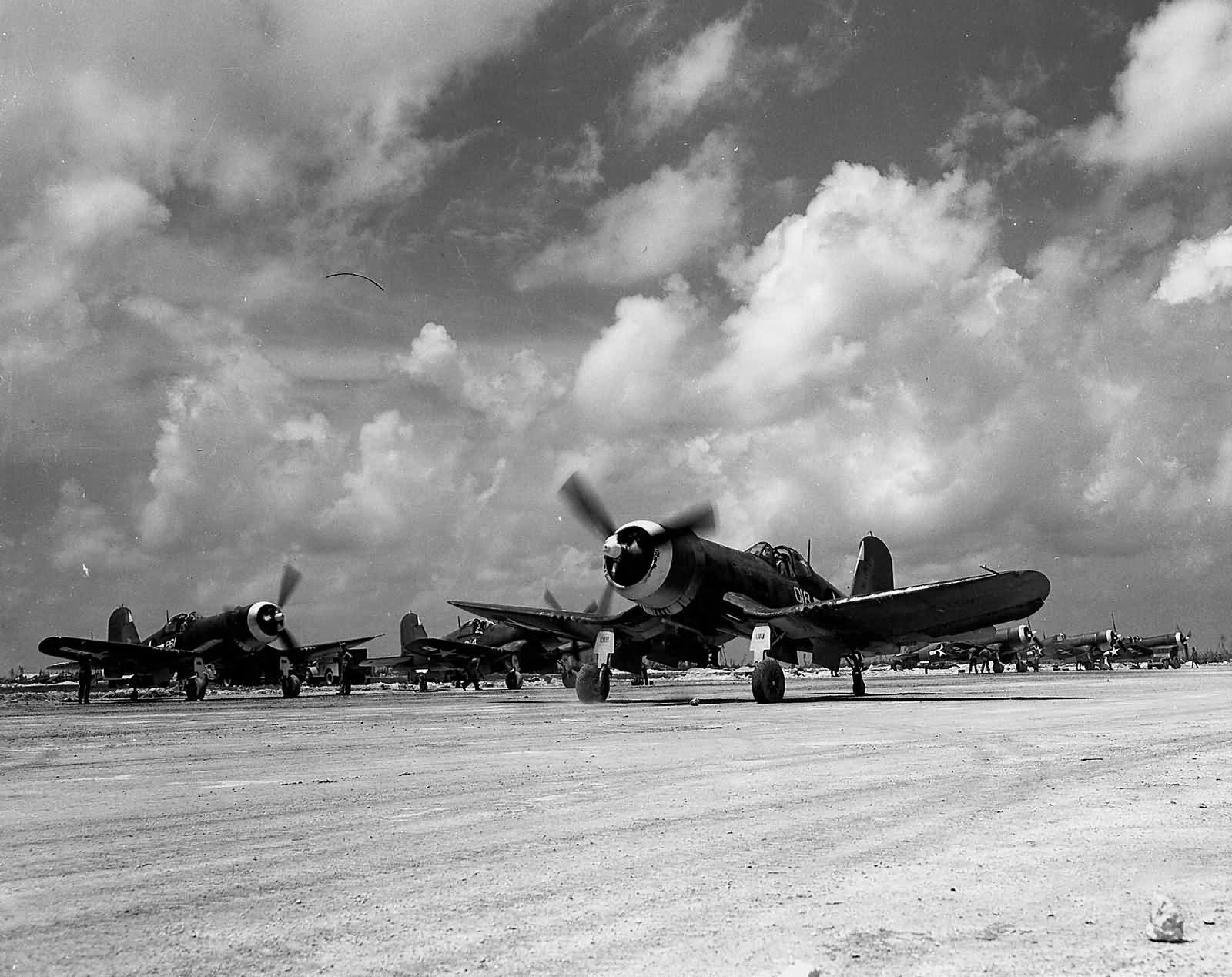 F4U Corsair 018 of VMF-114 taxiing on an airstrip at Peleliu October 17 1944