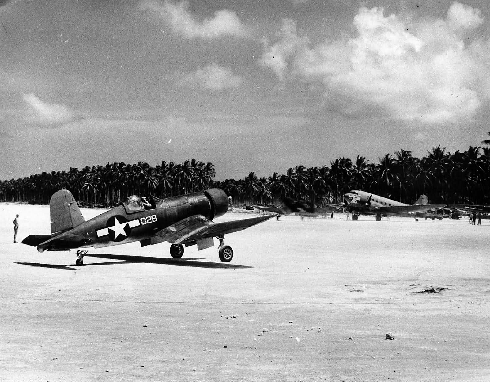 F4U Corsair 028 of VMF-223 taxis on the airstrip on Green Island on March 11 1944