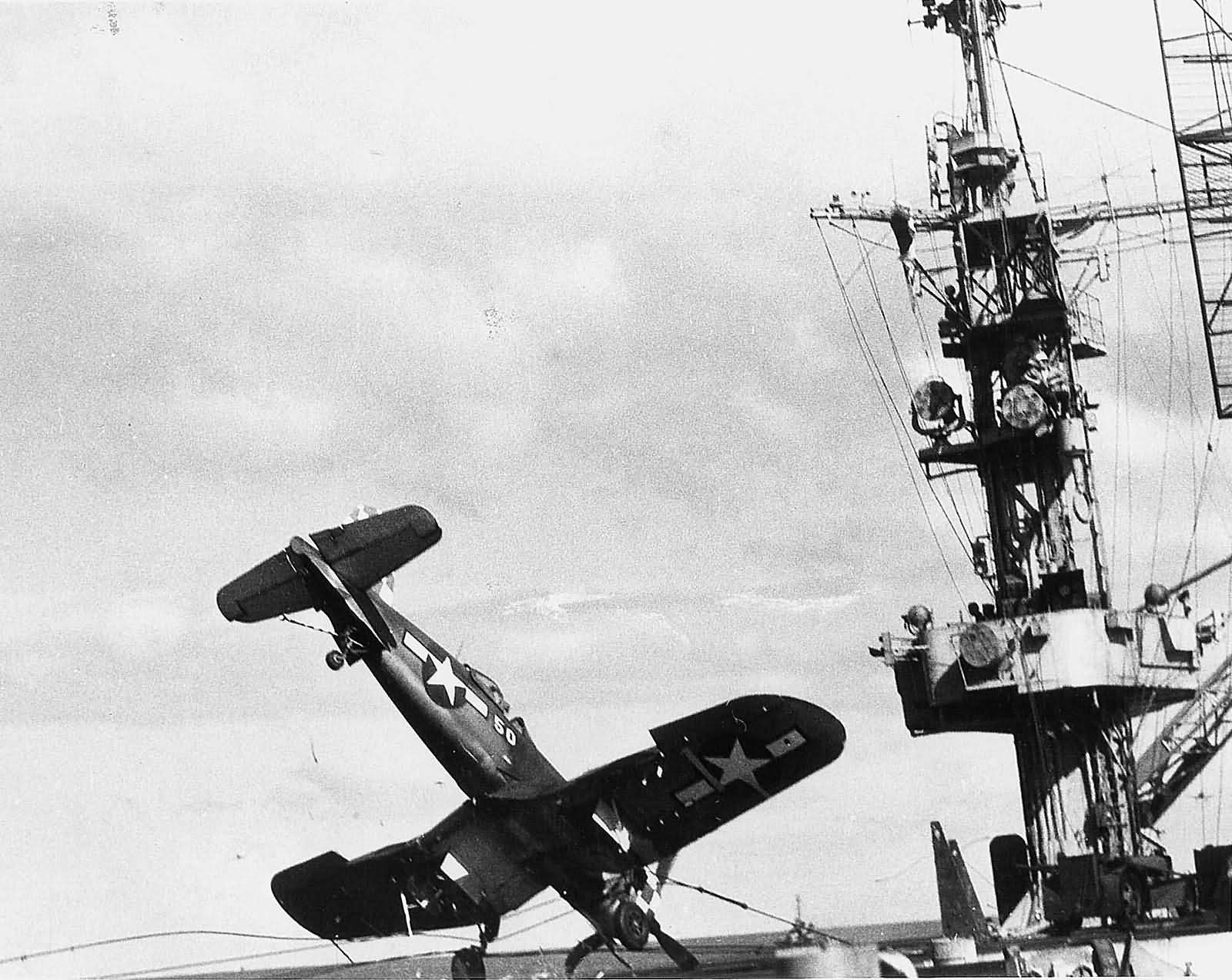 F4U Corsair 50 strikes the barricade USS Bataan CVL-29 December 9, 1944