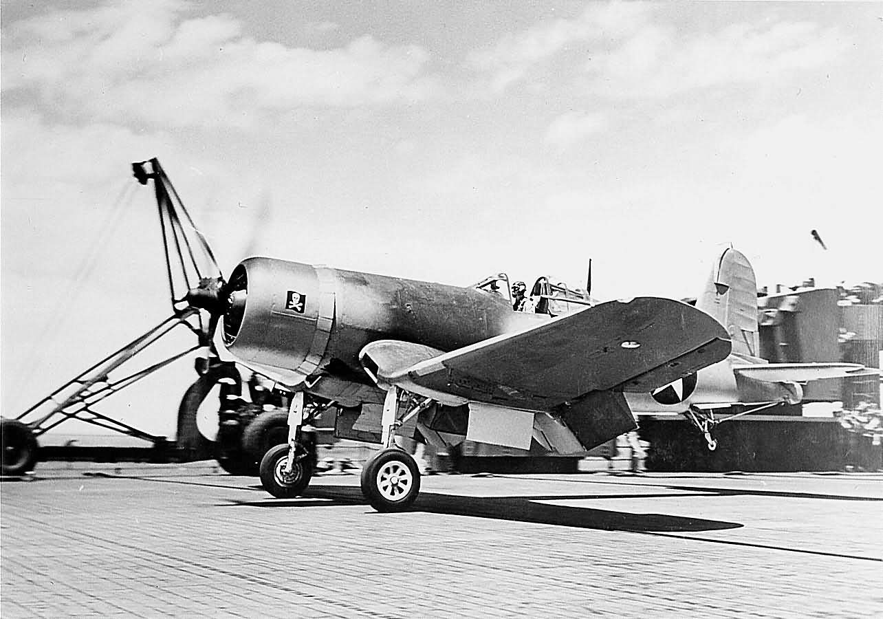 F4U-1 Corsair of VF-17 launches from the deck of the USS Bunker Hill CV-17 – June 28, 1943