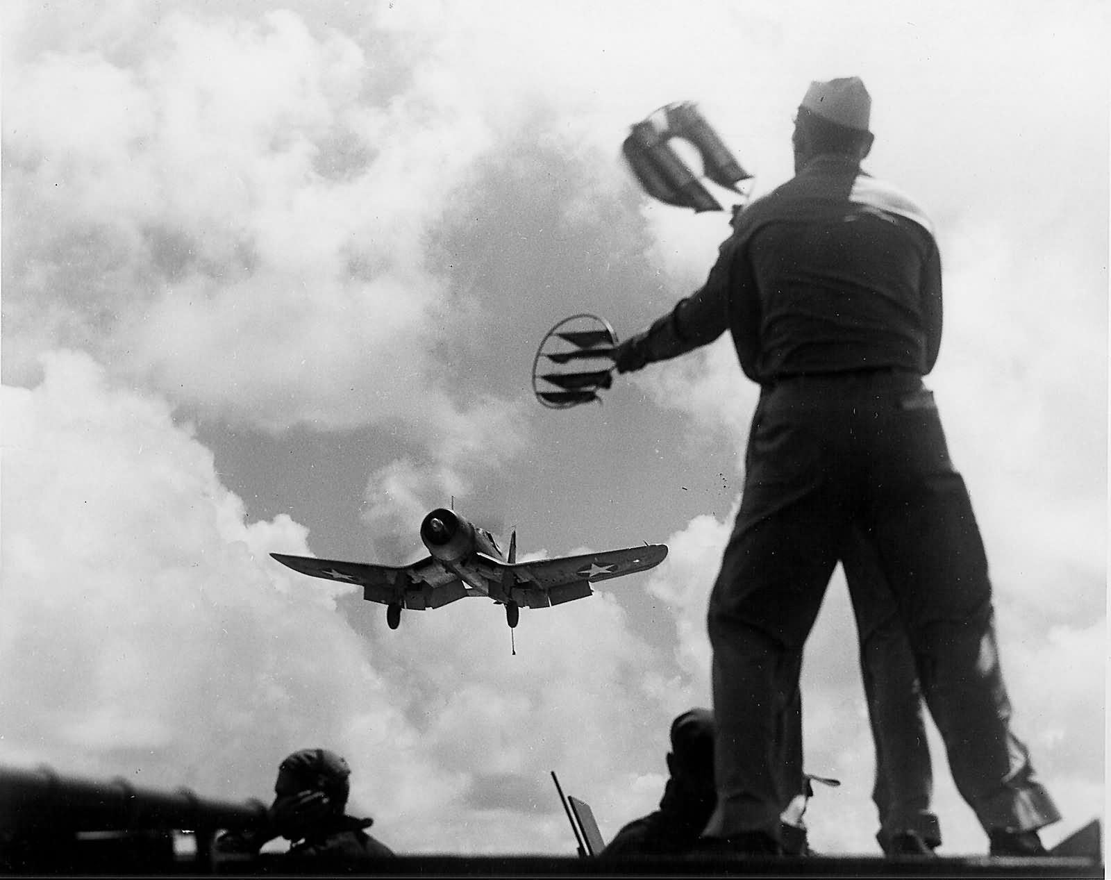 F4U Corsair on approach for a carrier landing 1942-1943