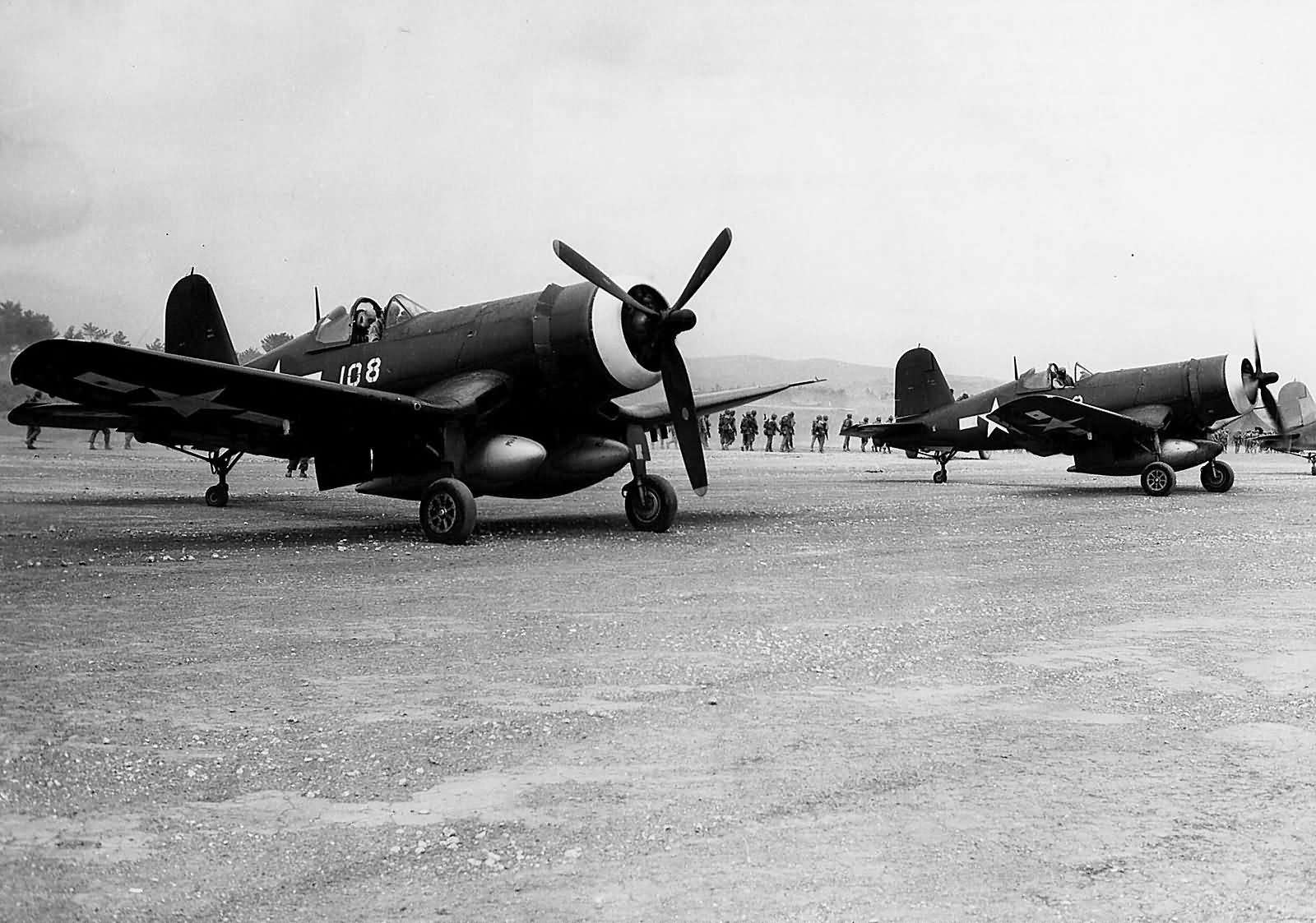 F4U Corsairs 108 of VMF-114 Kadena Airfield on Okinawa on August 9, 1945