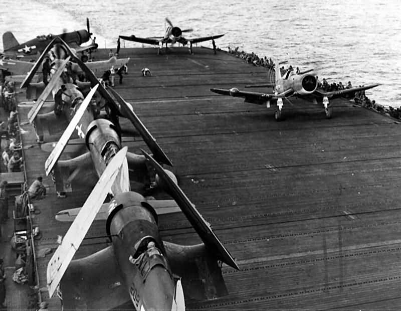 F4U-2 Corsairs from VMF(N)-532 on board the carrier USS Windham Bay CVE-93