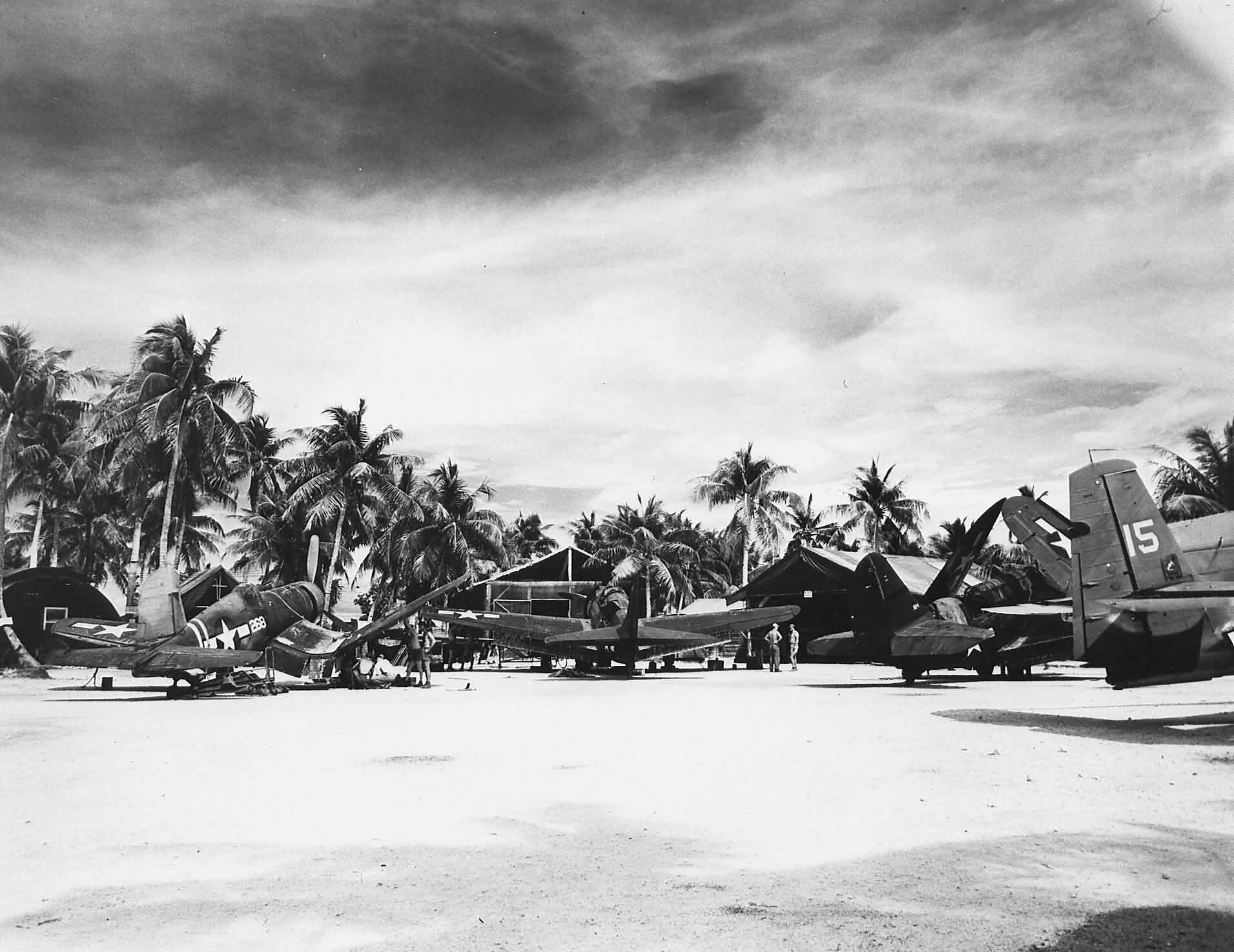 F4U of MAG 45 around tents on Falalop Island Ulithi Atoll – August 10, 1945