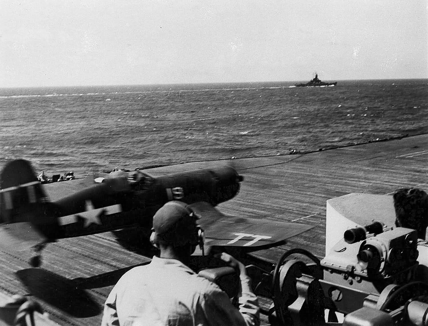 FG-1D Corsair 19 of VBF-1 launches from the deck of the carrier USS Bennington CV-20 – August 14, 1945