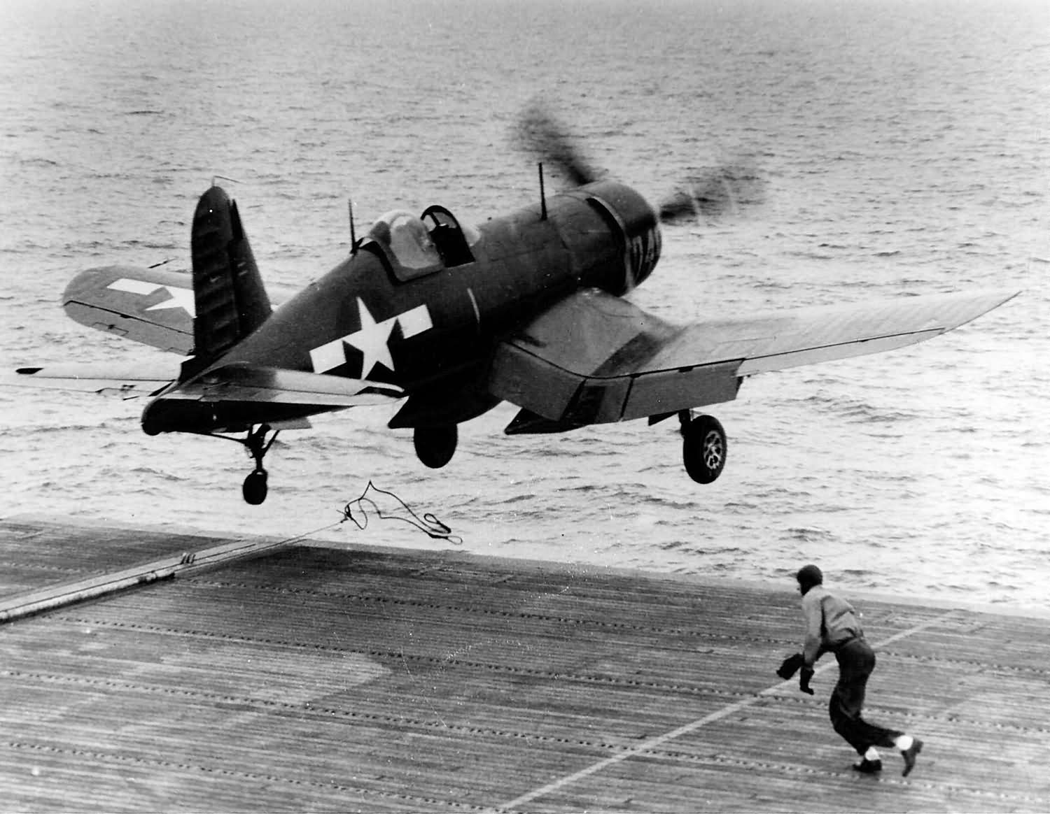 FG-1D Corsair of VMF-512 launching from the flight deck of the escort carrier USS Sargent Bay CVE-83 – June 2, 1945