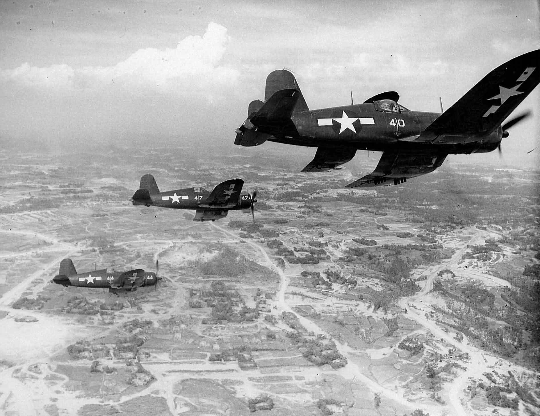 FG-1D Corsairs of the VMF-323 in formation over Okinawa June 10, 1945