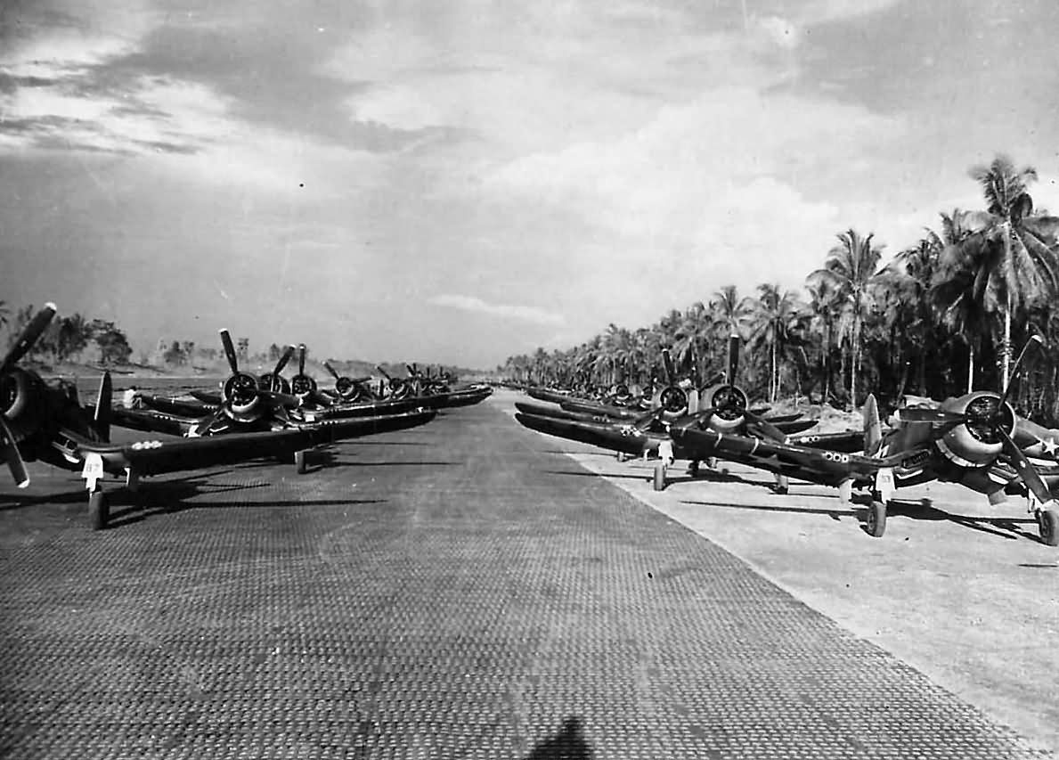 Marine F4U Corsairs on Bougainville Airfield 1944