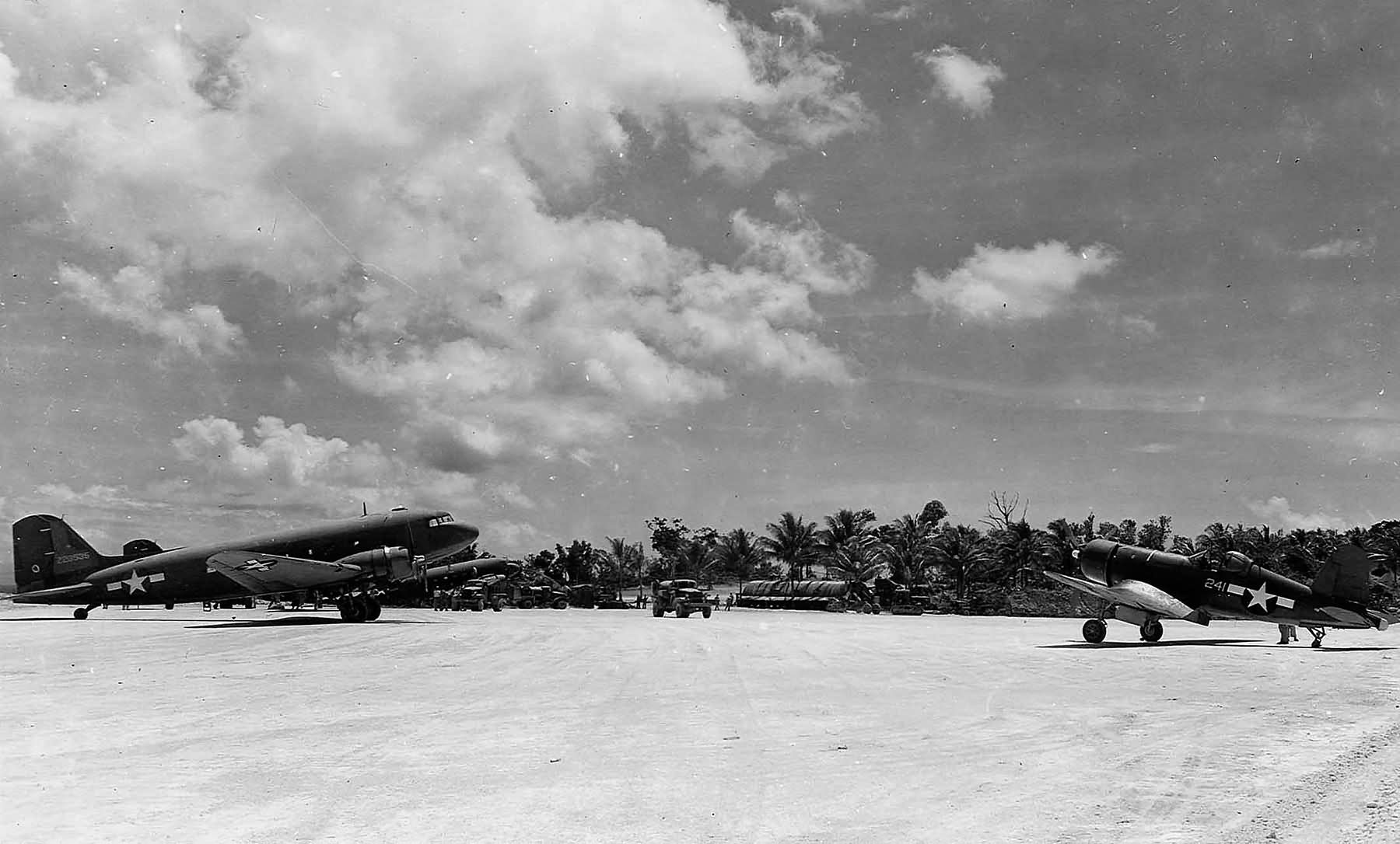 R4D Skytrain and F4U Corsair 241, Emirau Island in 1945