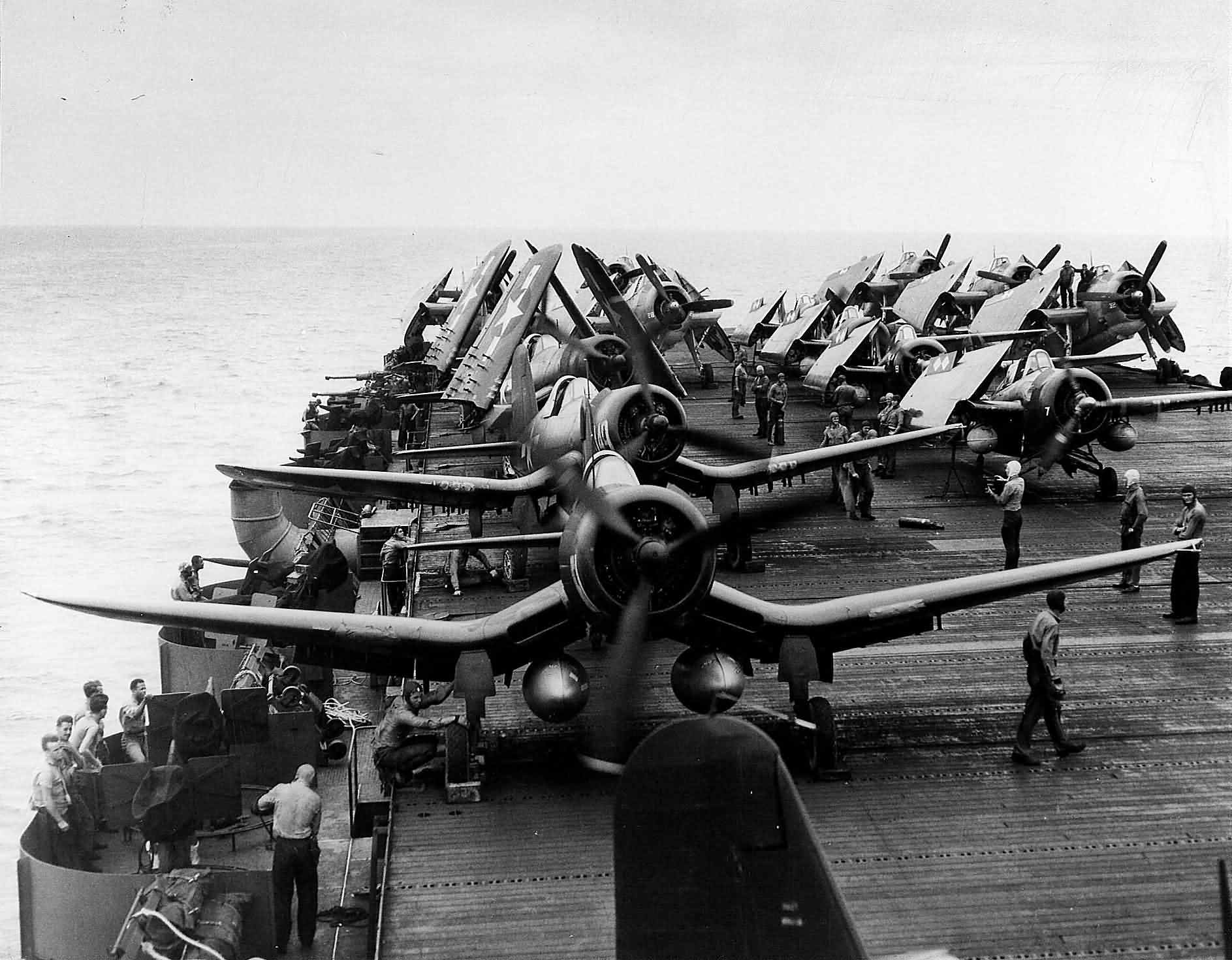 TBM Avengers FM Wildcats and in the foreground FG-1D Corsairs of VMF-512 USS Sargent Bay CVE-83 – June 2, 1945