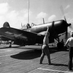 F4U-1D Corsair of VMF-224 on the catapult ready to launch from the escort carrier USS Sitkoh Bay CVE-86 – March 28, 1945