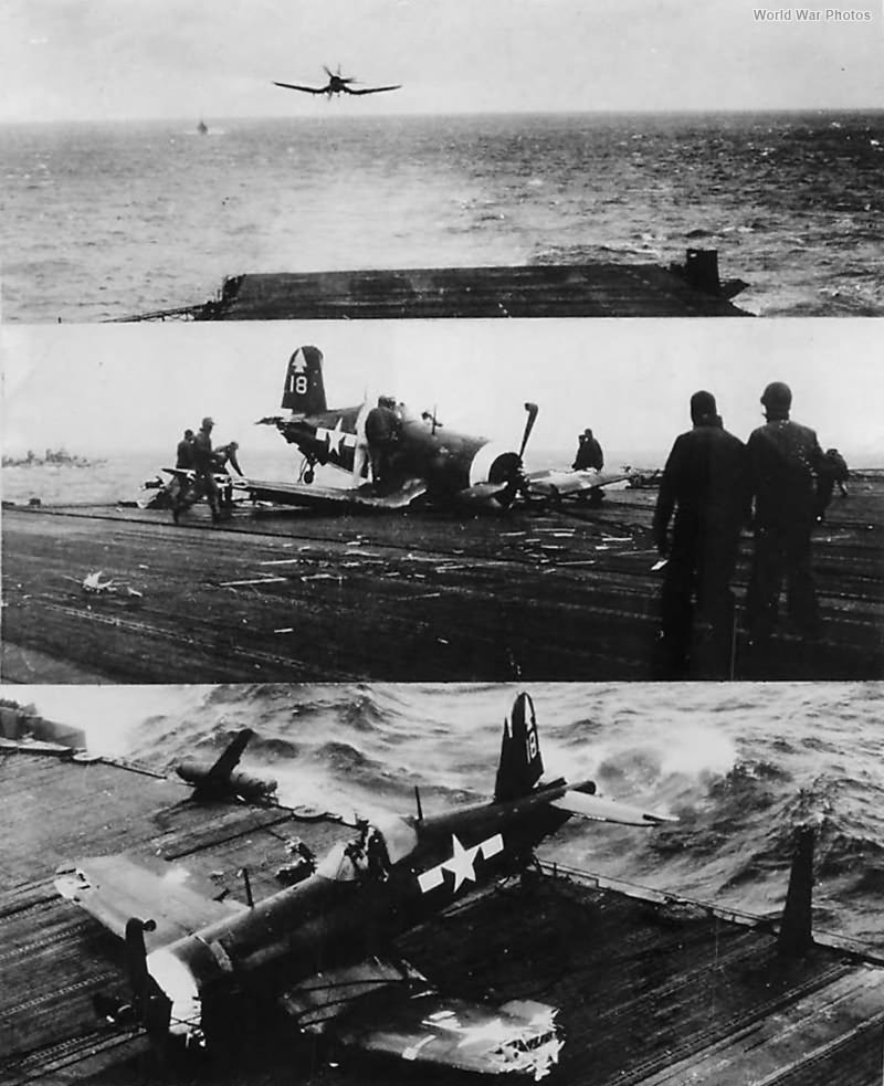Corsair of VMF-123 crash landing on USS Bennington 1945