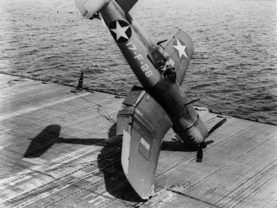 F4U-1 of VF-17 crashing on the flight deck of USS Bunker Hill