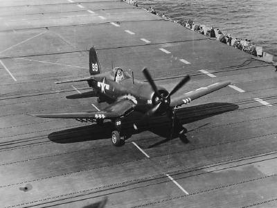 F4U-4 Corsair landing on deck of carrier 1945