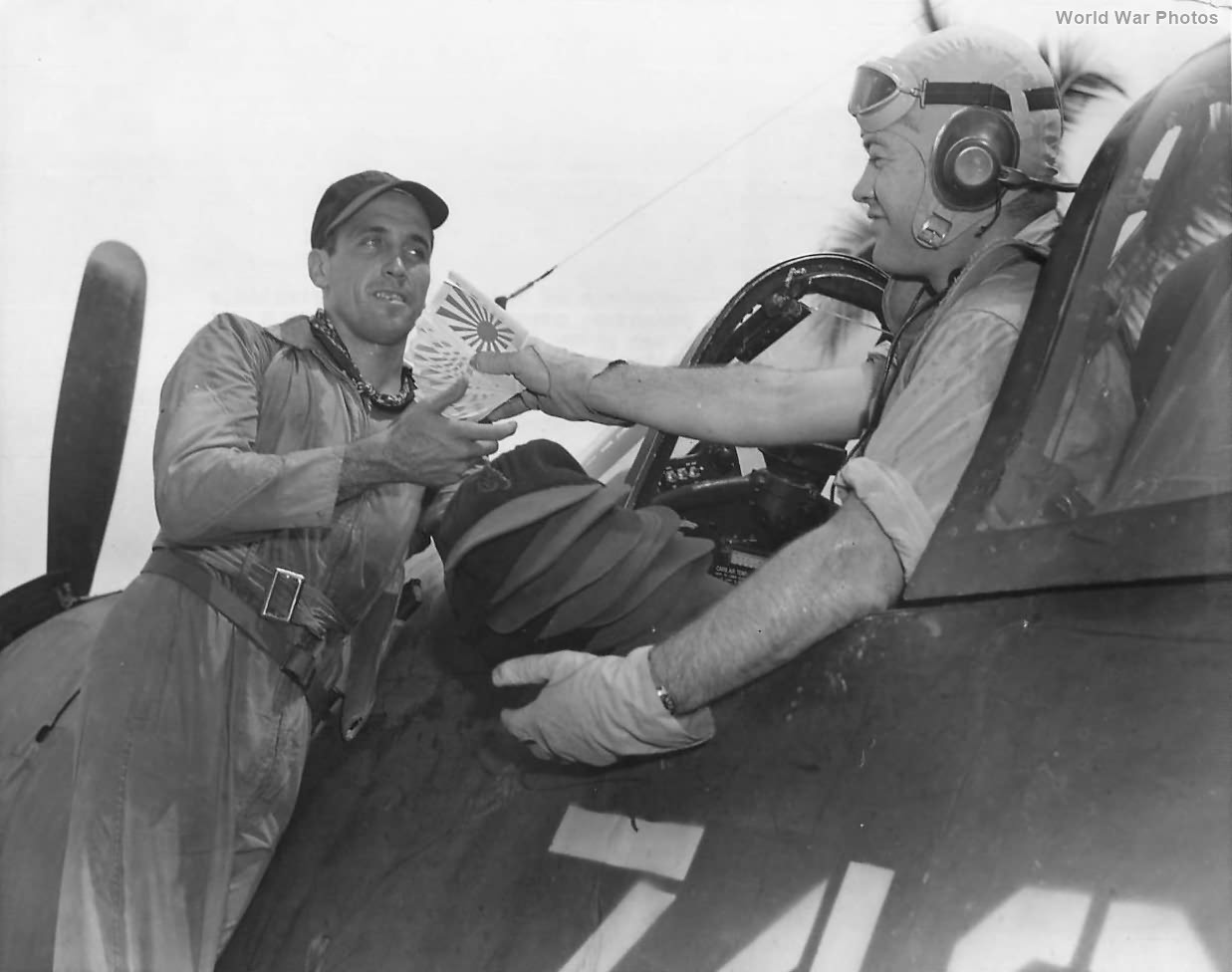 F4U 17740 of VMF-214 and Ace Chris Magee with Pappy Boyington 1944