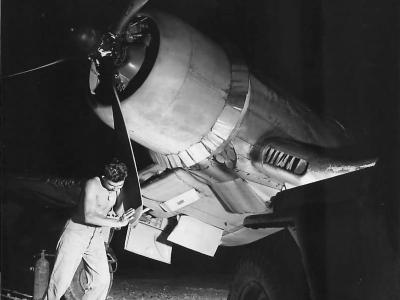 Marine Mechanic Servicing Corsair on Bougainville ’44