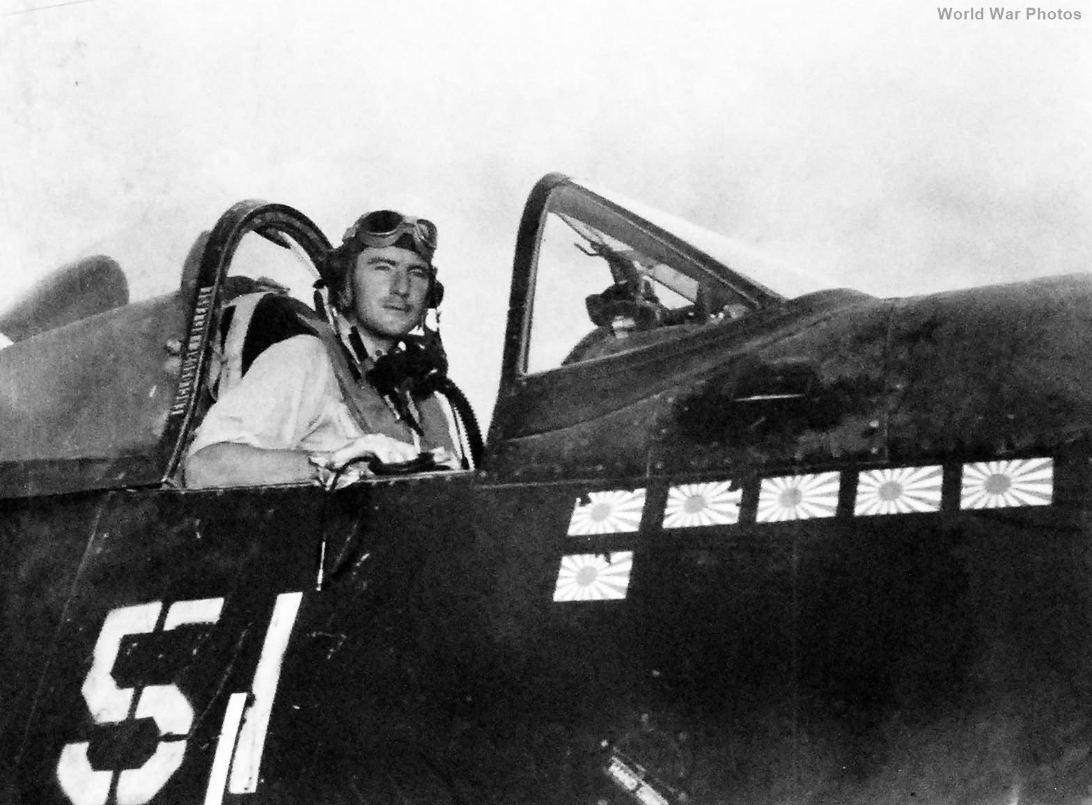 VMF-323 pilot Lt Wade in cockpit of a F4U May 1945