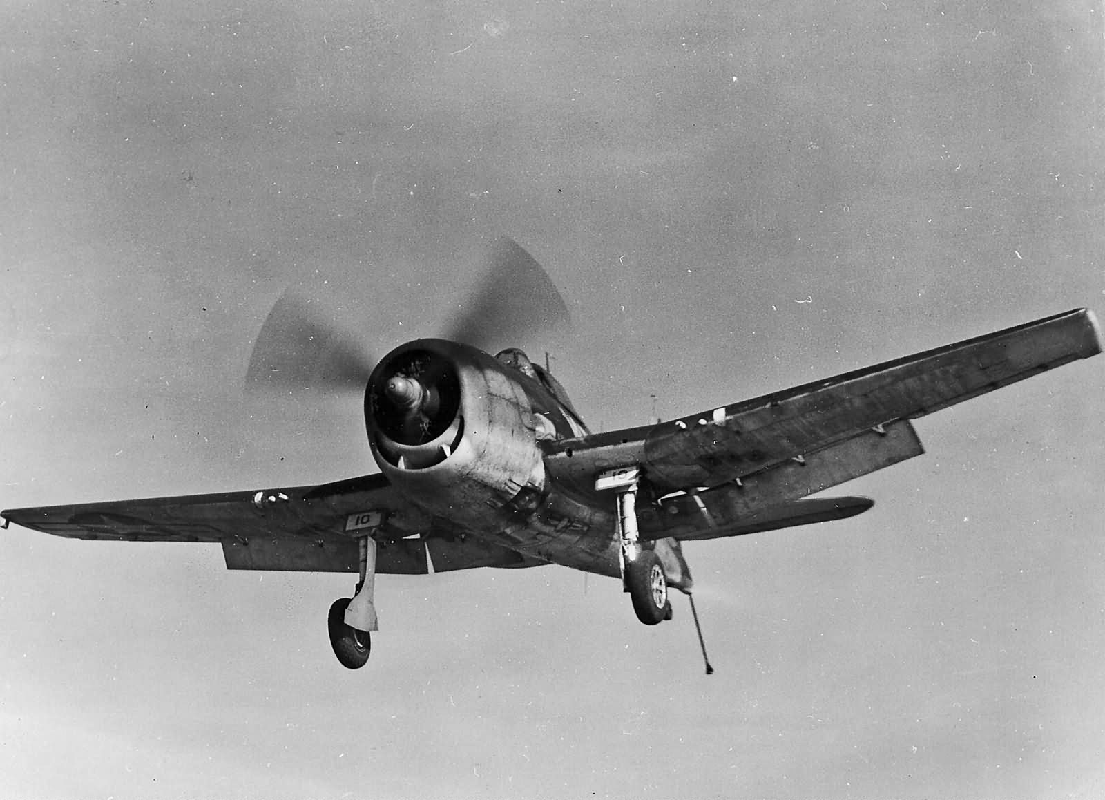 F6F-3 Hellcat 10 of VF-15 on final approach to the escort carrier USS Charger CVE-30 December 13, 1943