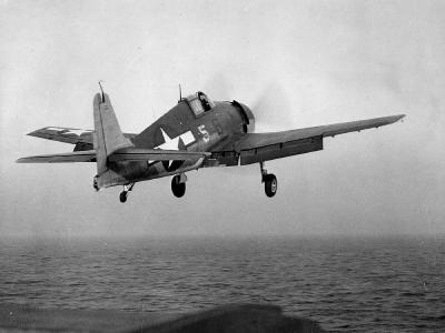 F6F-3 Hellcat #5 of VF-50 after launching from the deck of the carrier USS Bataan CVL-29, January 1944