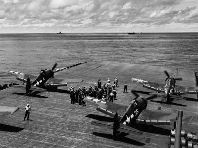 F6F-3 Hellcats of VF-16 on board the aircraft carrier USS Lexington CV-16 April 16, 1944