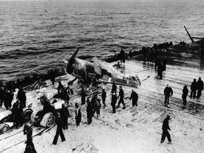 F6F-5N Hellcat of VF(N)-90 USS Enterprise CV-6 after kamikaze attacks against the carrier May 14, 1945