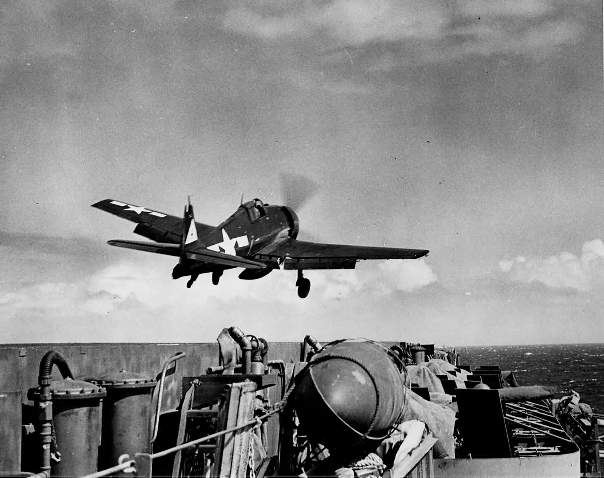 F6F-5 Hellcat of VF-20 launches from the carrier Lexington CV-16 January 25, 1945